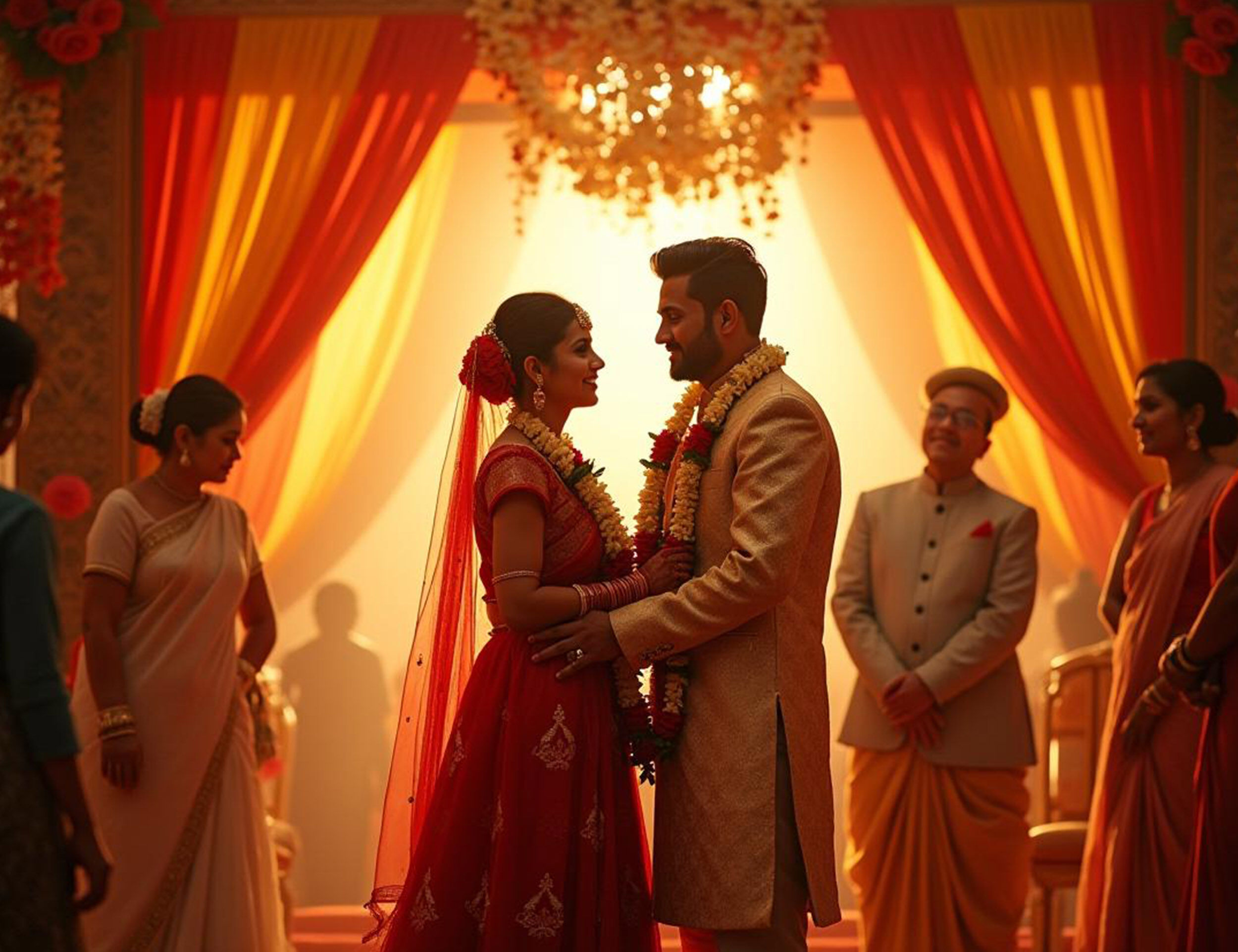 Couple performing mala rituals on their wedding day